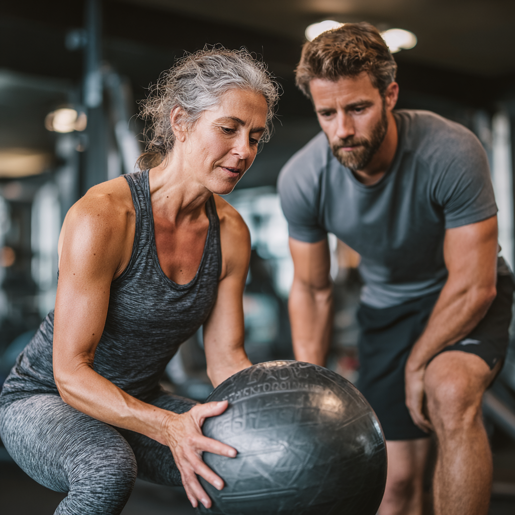 Жінка 52 років займається з персональним тренером, виконуючи функціональні вправи з медболом у сучасному фітнес-залі