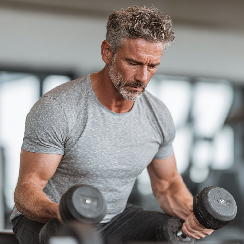 Чоловік 55 років виконує силові вправи з гантелями в сучасному тренажерному залі, демонструючи правильну техніку та зосередженість