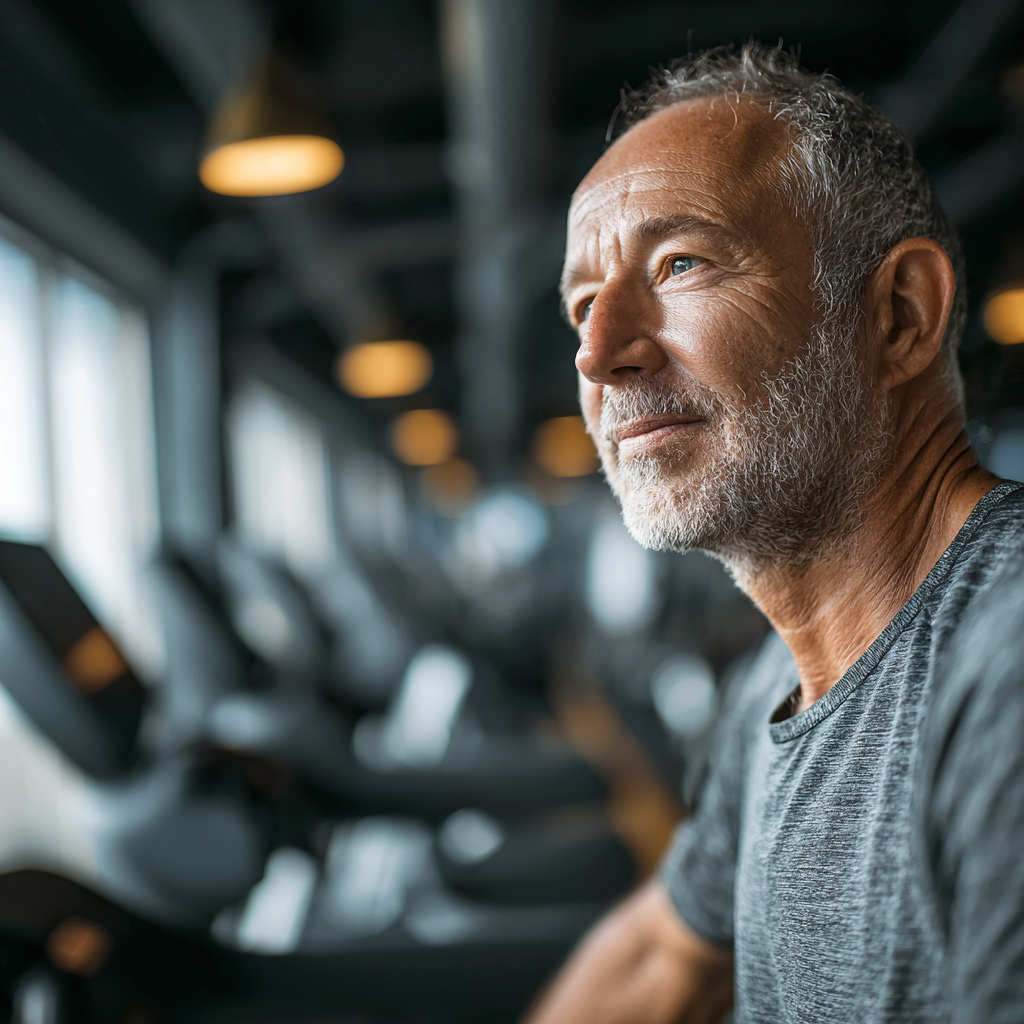 Чоловік 58 років у спортивному одязі готується до тренування, розминається біля тренажерів у яскраво освітленому залі
